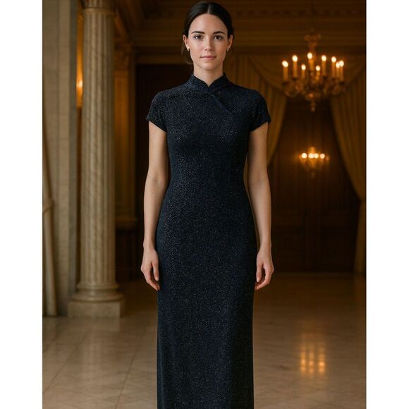 VTG Cheongsam Qipao Gown Womens Sz 4P Black Velvet Sparkle Mandarin Maxi Dress - Picture 1 of 15